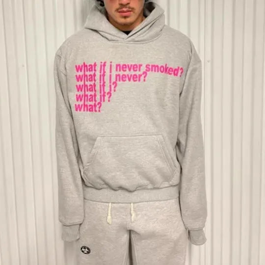 Black heavyweight hooded sweater with letter print and figures pattern design, regular sleeves, pullover style