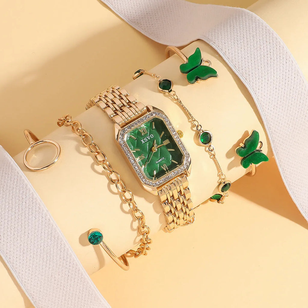 Gold green women's square watch with four matching bracelets showing 25mm dial and alloy construction