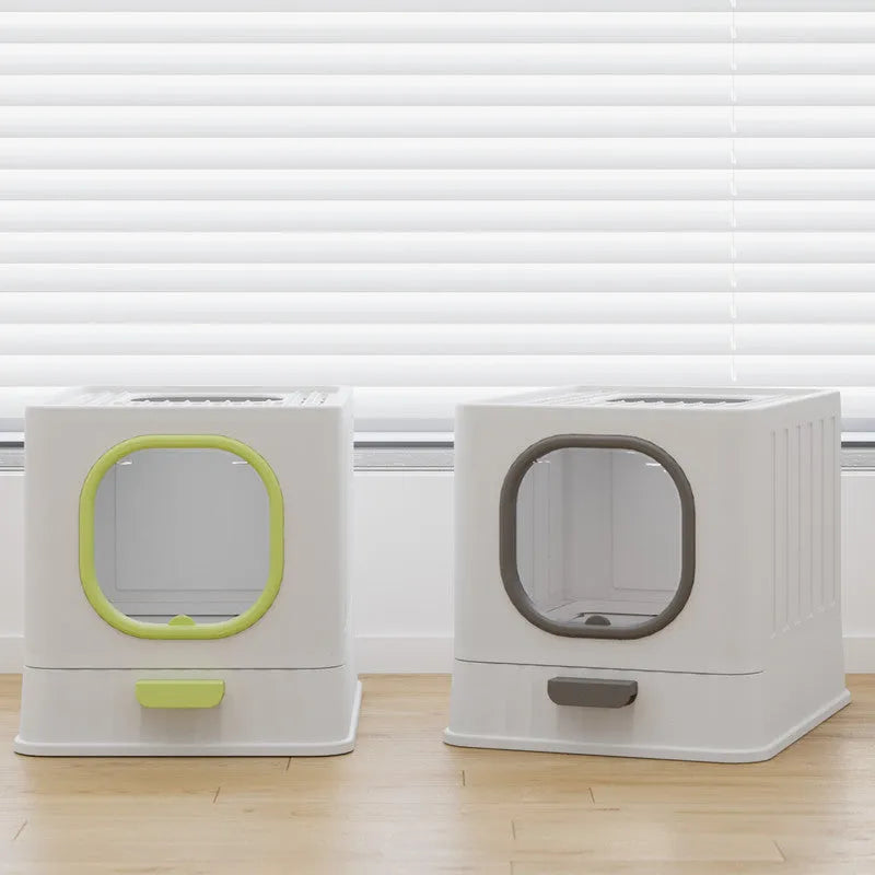Fully enclosed PP plastic folding cat litter box in Avocado Green, 51x38x39cm