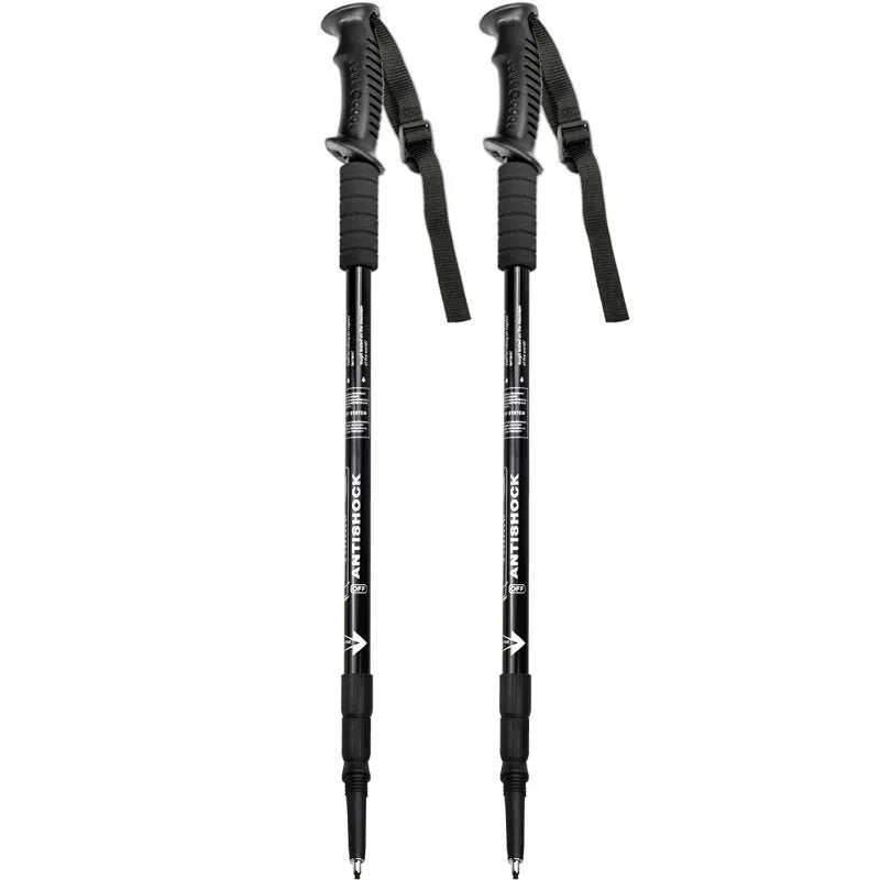 Aluminium alloy telescopic trekking poles with straight handles, adjustable from 65cm to 135cm, shown with mud supports and snow holders.