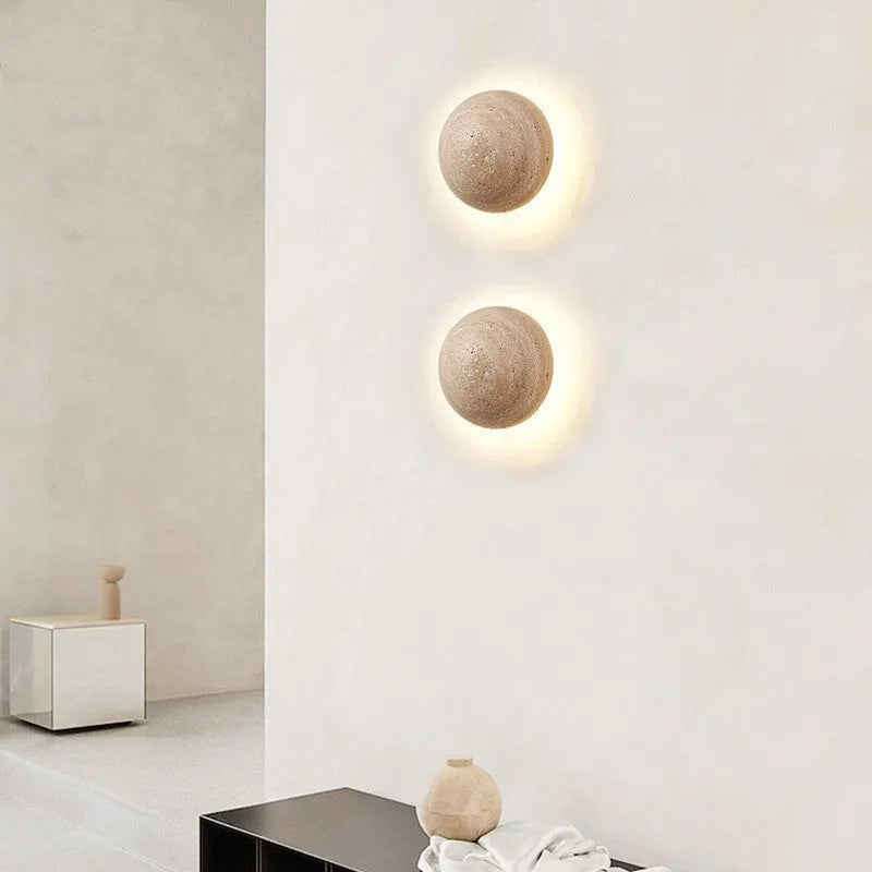 Semicircle yellow cave stone wall lamp with wooden bracket mounted on wall