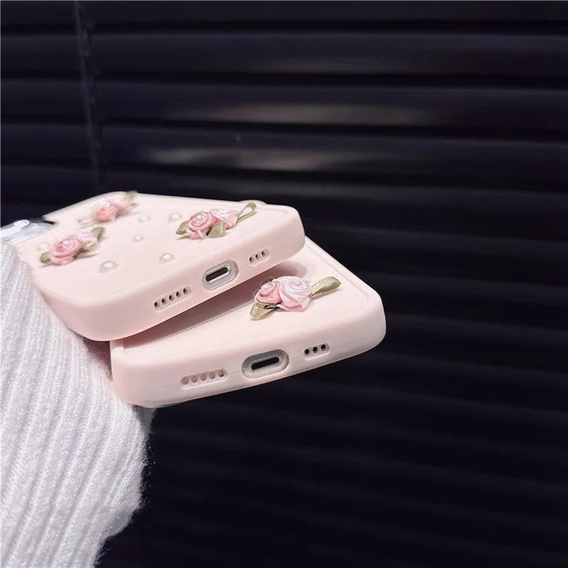 Pearl Pink silicone iPhone case with 3D pearl small flower, rhinestone, and electroplated back cover