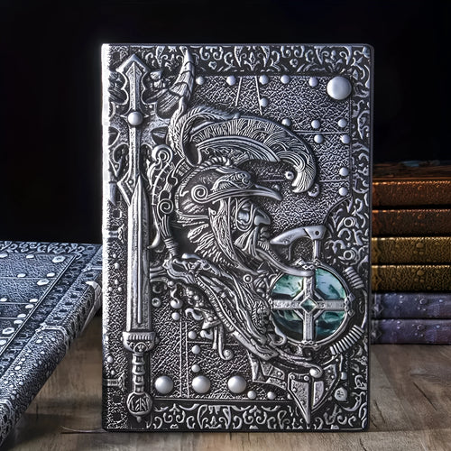 A5 leather notebook with embossed 3D warriors design on the cover, shown in a choice of colours.