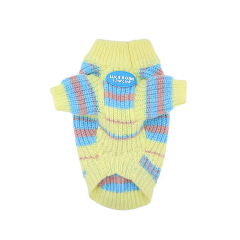 Blue and yellow stripe wool-blend dog sweater for small breeds like Bichon or Maltese.