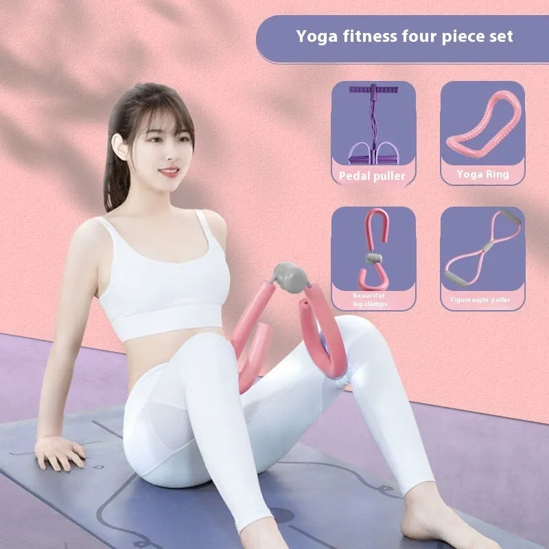 Yoga four piece fitness set with leg stretcher, foot pedal device, yoga ring, and figure eight tension rope.