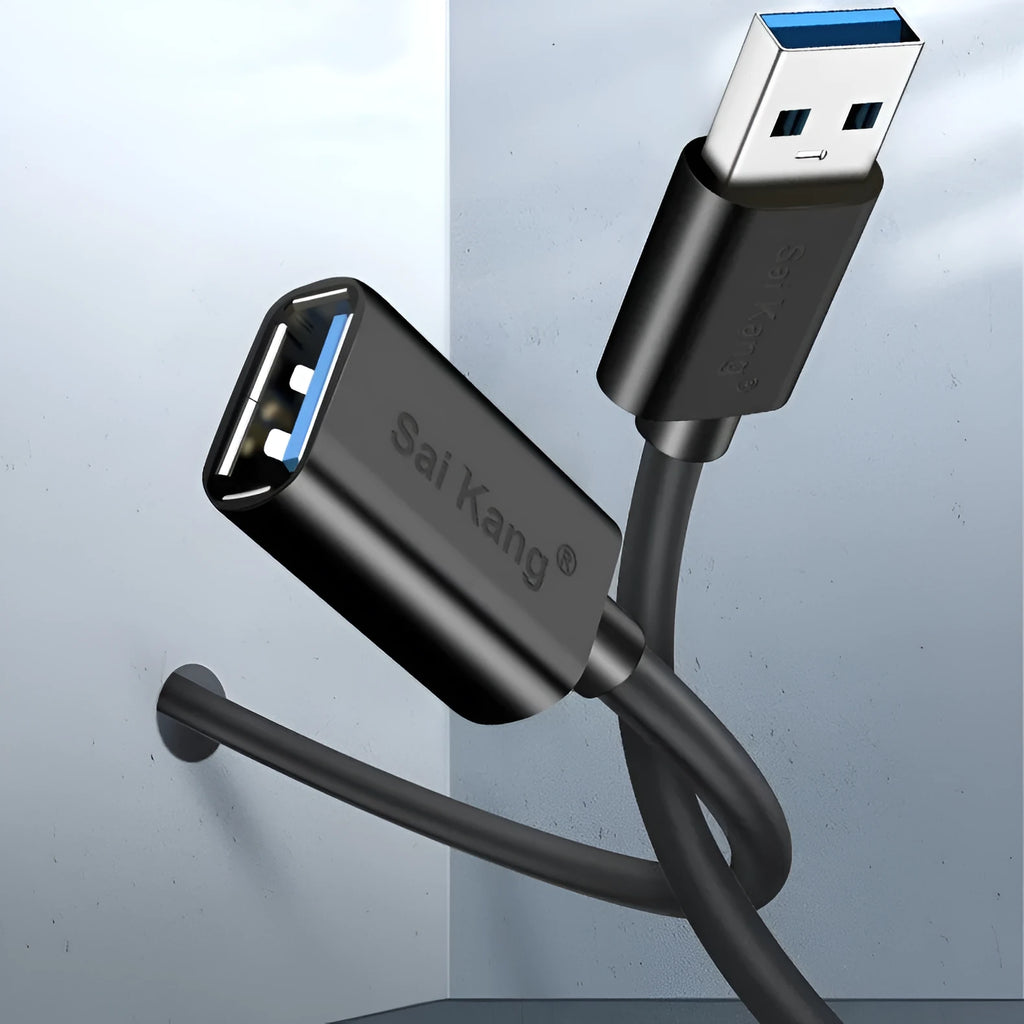 Black USB 3.0 and 2.0 male to female extension cable with aluminium foil and mesh shielding shown at various lengths.