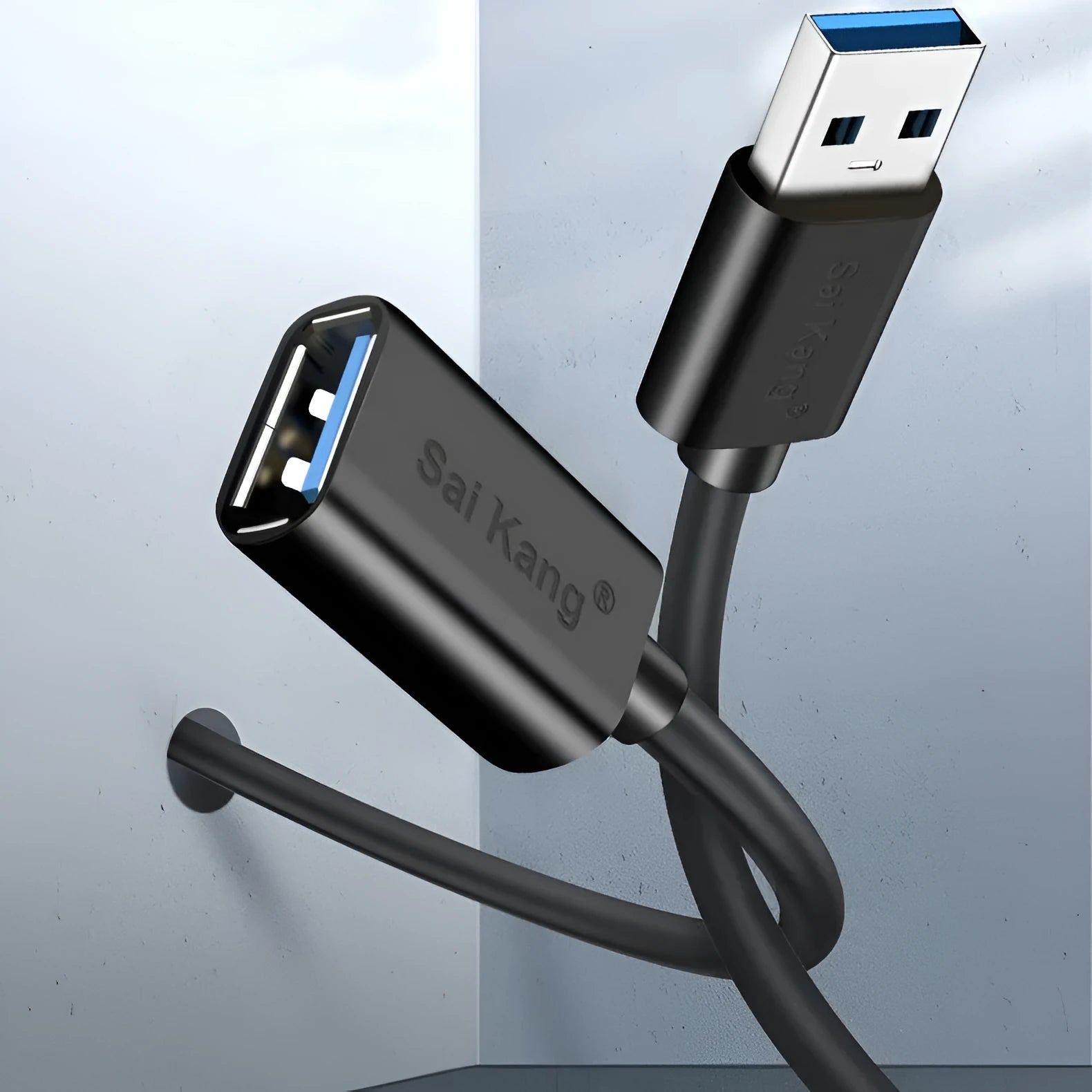 Black USB 3.0 and 2.0 male to female extension cable with aluminium foil and mesh shielding shown at various lengths.