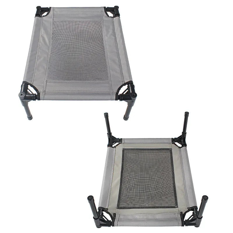 Outdoor camping dog bed with steel frame and removable oxford cloth cover shown in black colour