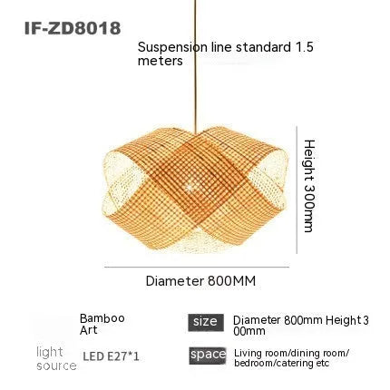 Bamboo woven rattan ceiling lamp pendant chandelier New Chinese style 80cm diameter for restaurant