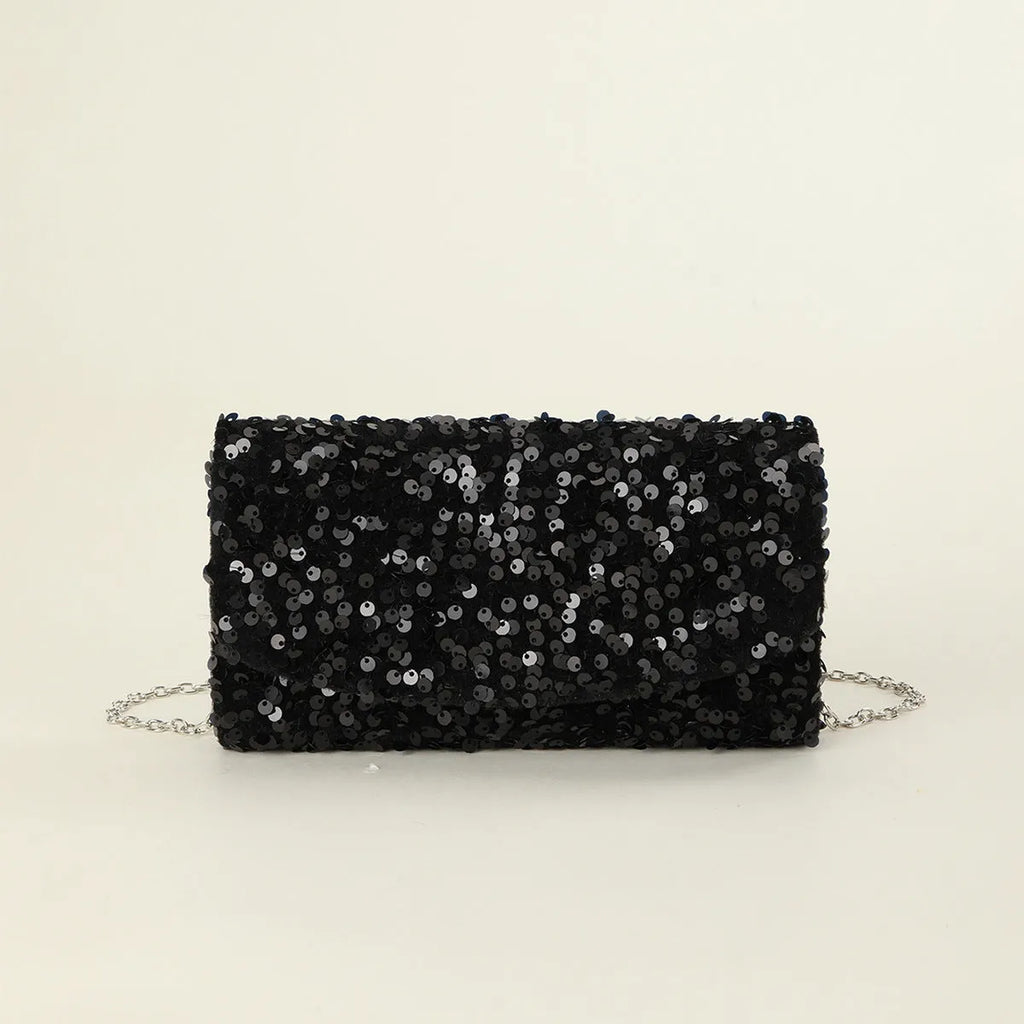 Sequin glitter chain women's party dinner bag in black or silver, 20x5x10cm horizontal square with phone compartment
