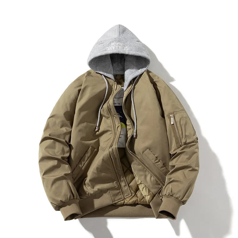 Loose-fitting black pilot jacket for plus-size wearers shown on a hanger.