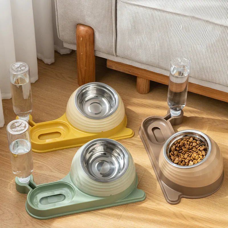 Brown elevated cat food bowl with attached water bottle dispenser on a white background.