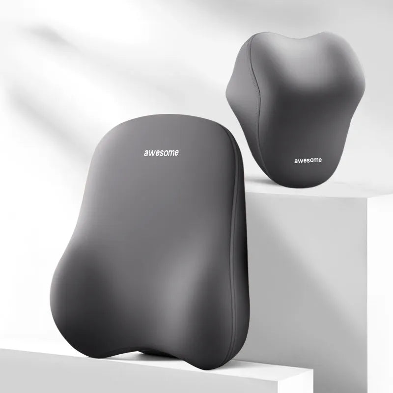 Car headrest pillow and lumbar support pillow set in beige, made from polyester fabric with memory foam filler.