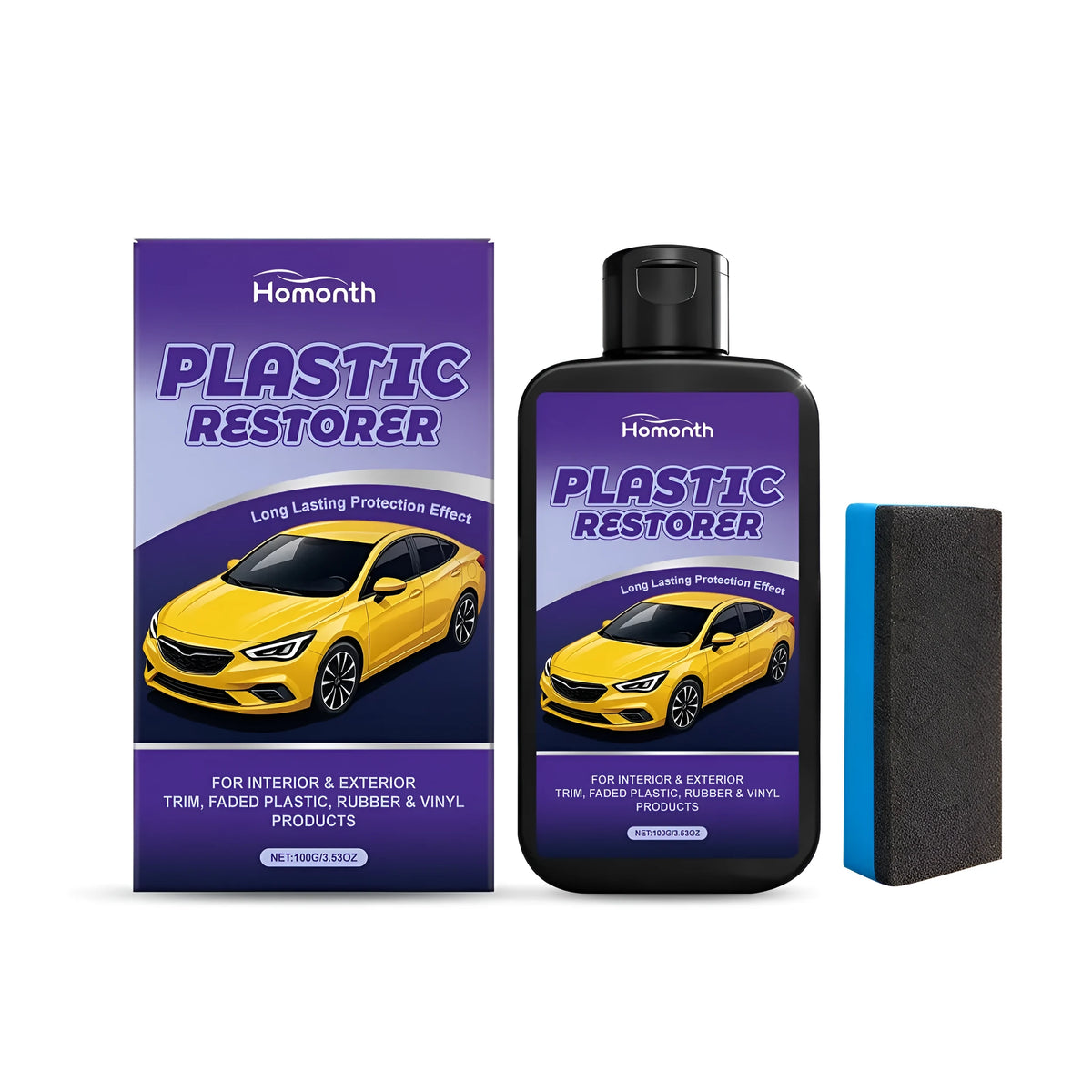 Car plastic gloss repair set with one water-based cream and one sponge applicator for automotive trim