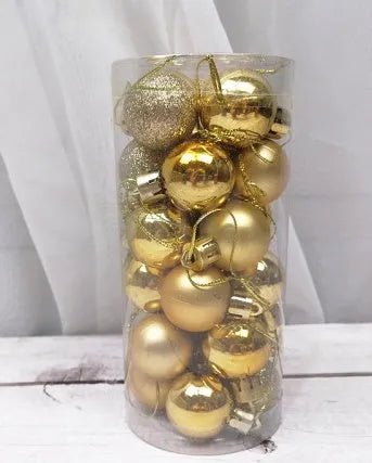 Assortment of 3cm diameter shiny matte plastic Christmas baubles in gold, red, silver, blue, and pink colours.
