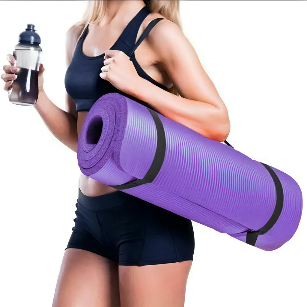 Widened NBR non-slip yoga mat 183x61cm in black rolled out on floor with purple options