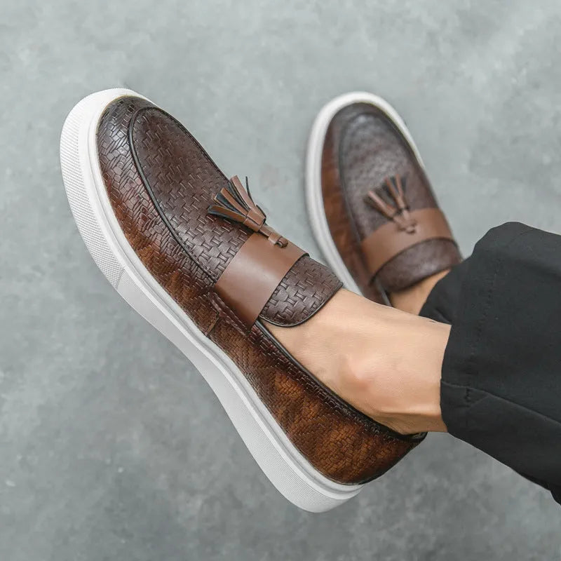 Men's black casual shoes with fringed detailing on artificial PU leather uppers