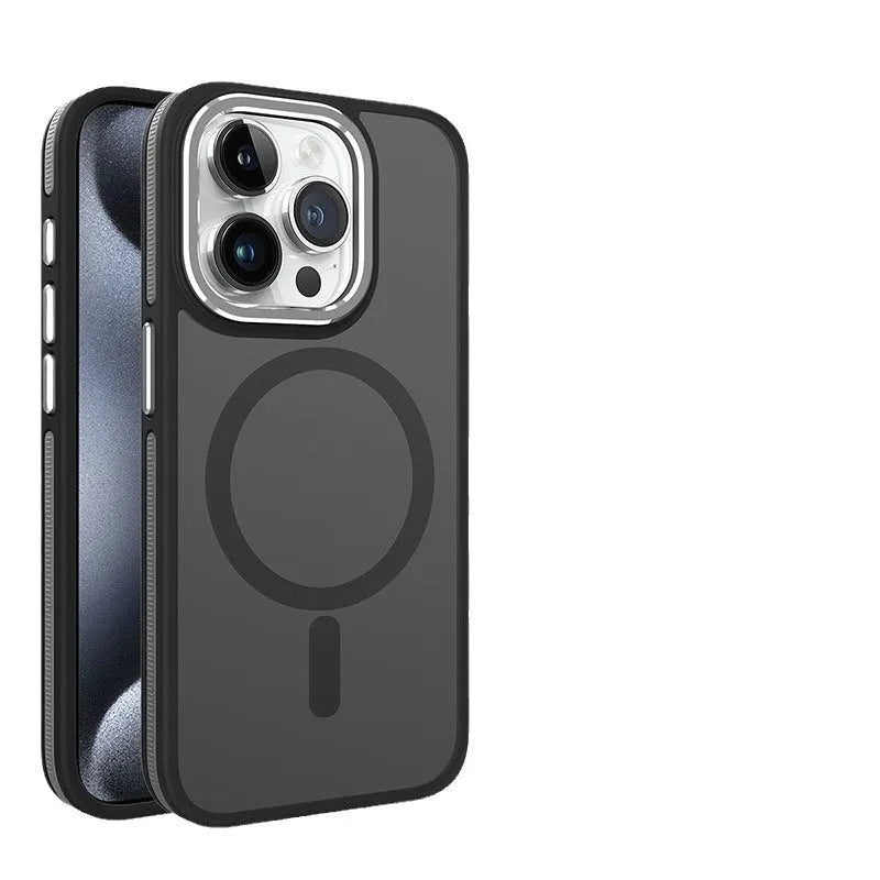 Magnetic iPhone case with frosted TPU shell and metal lens ring in black, blue, gray, orange, wine red, or dark purple.