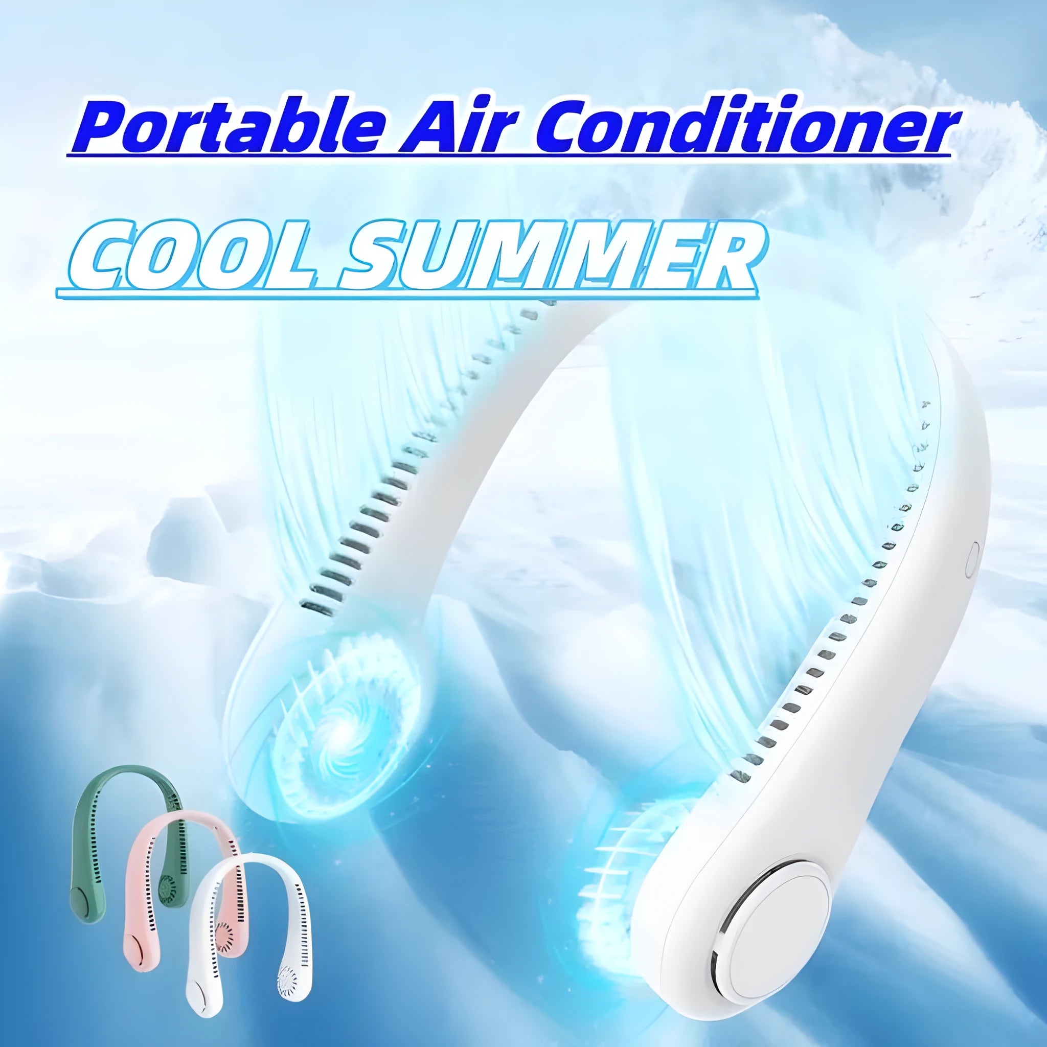 White bladeless neck fan hanging around neck showing annular air outlet design