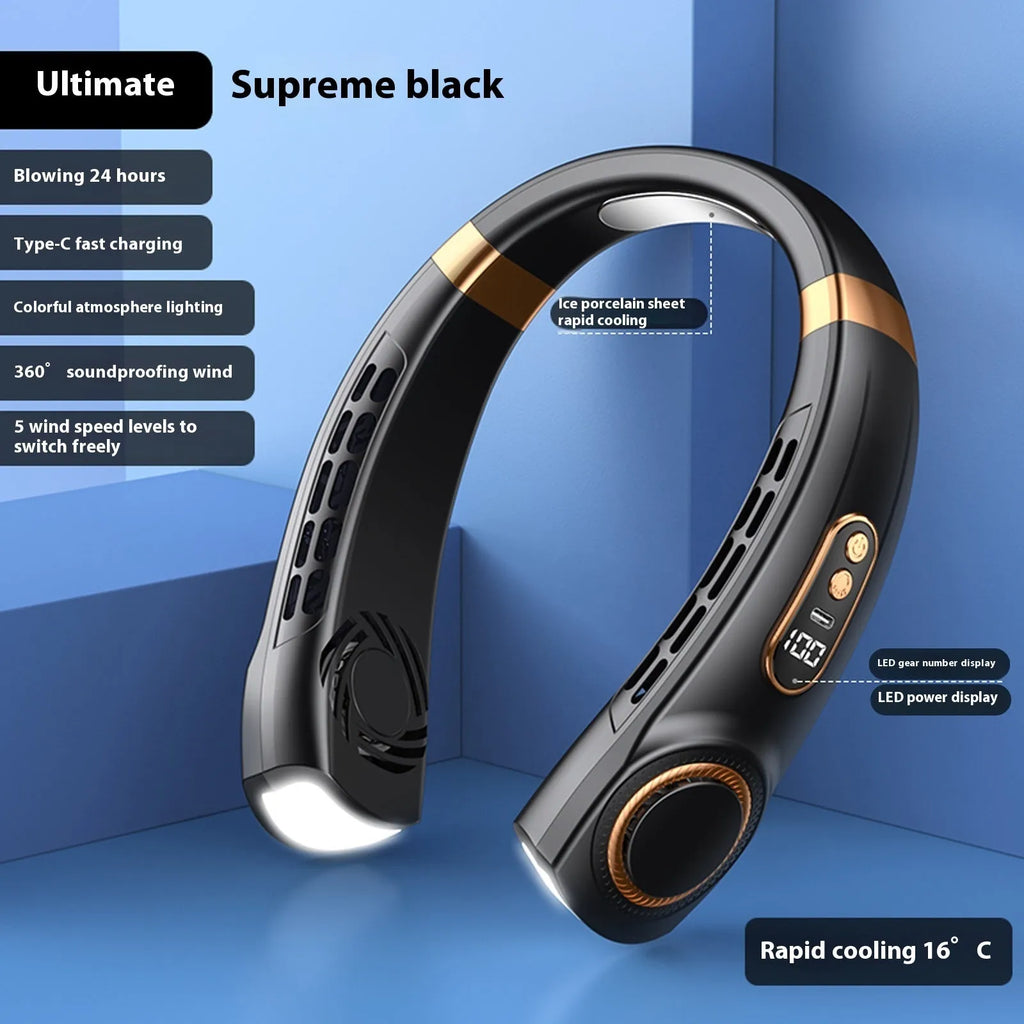 Hanging neck mini fan in black with USB charging cable, five speed modes, and brushless motor