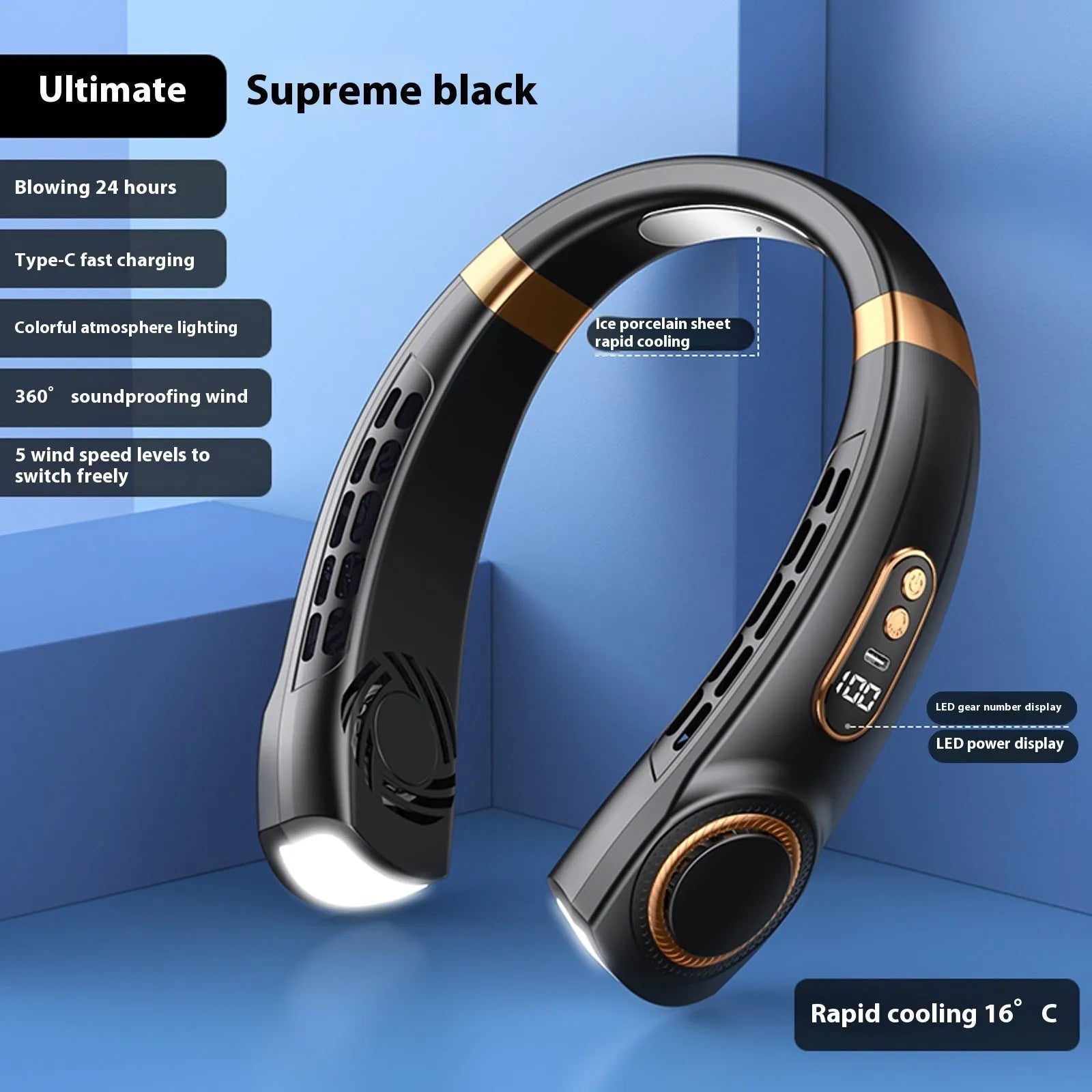 Hanging neck mini fan in black with USB charging cable, five speed modes, and brushless motor
