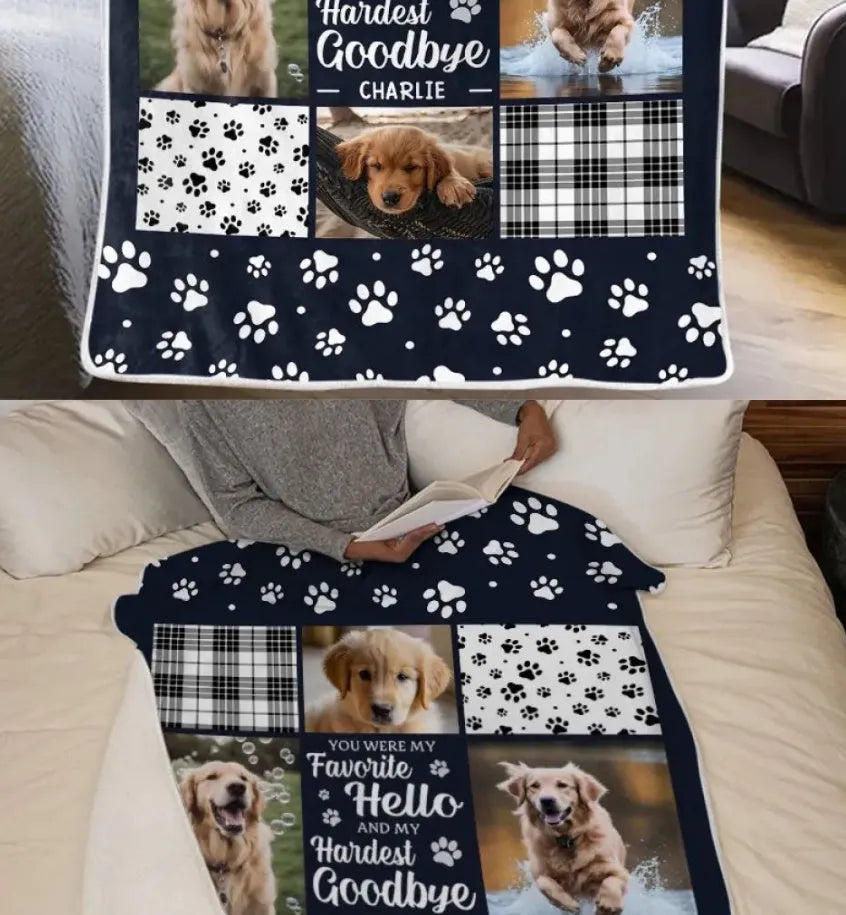 White flannel dog blanket laid flat showing soft texture, with size options for pet beds.