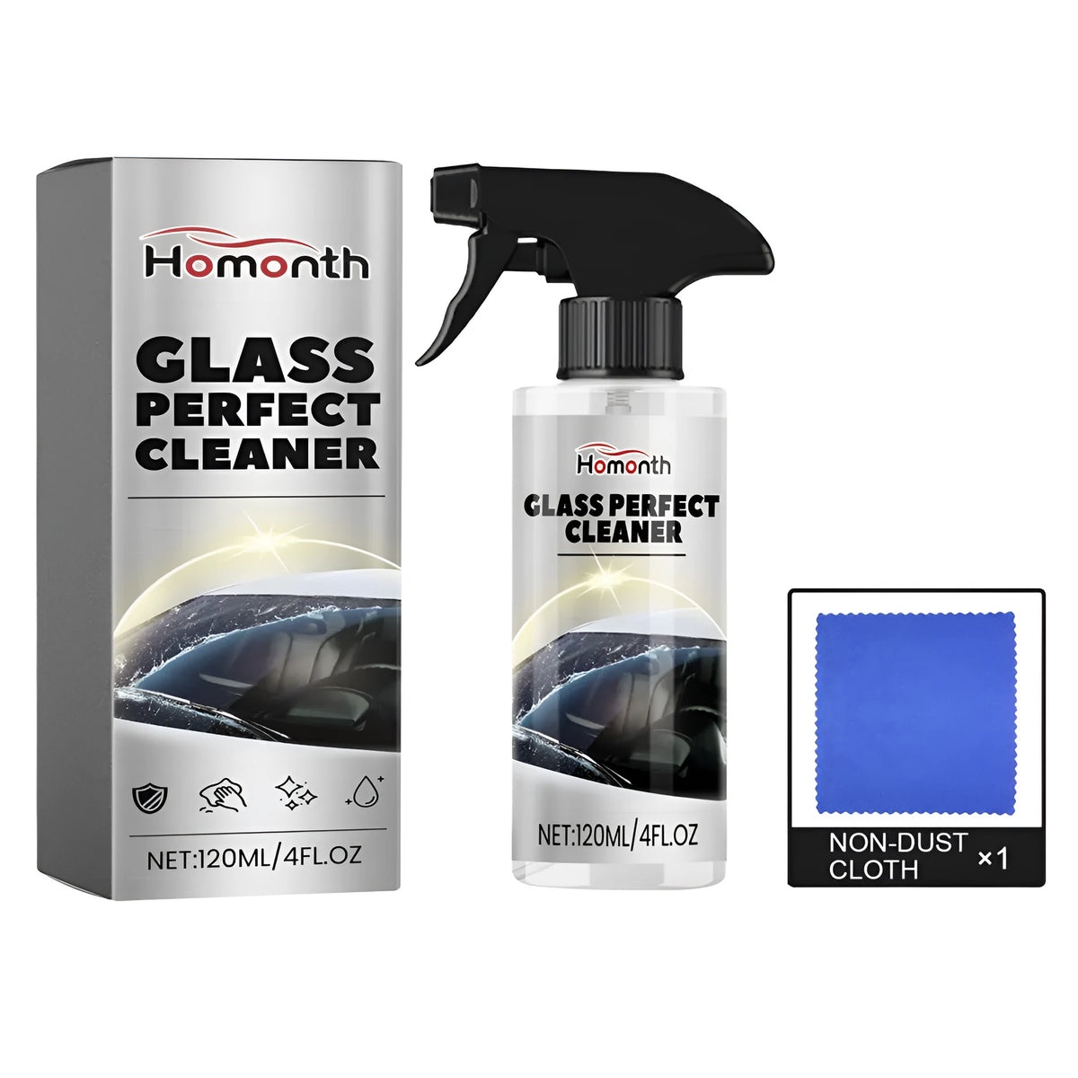 Glass cleaner set with PET bottle 18.5x4cm and 20x20cm cloth, colour Detergent