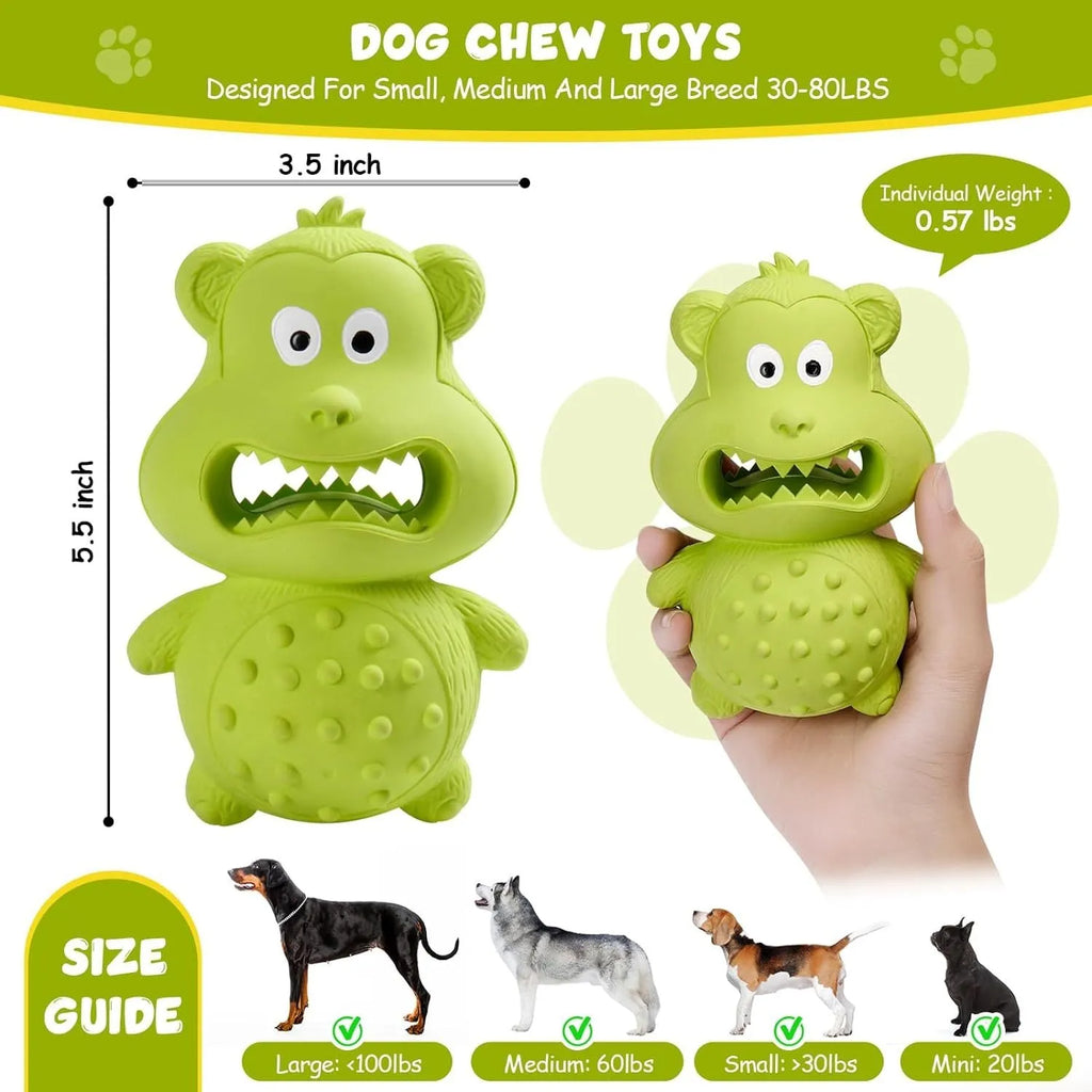 Green and yellow natural rubber squeaky dog toy with treat-fillable hole.