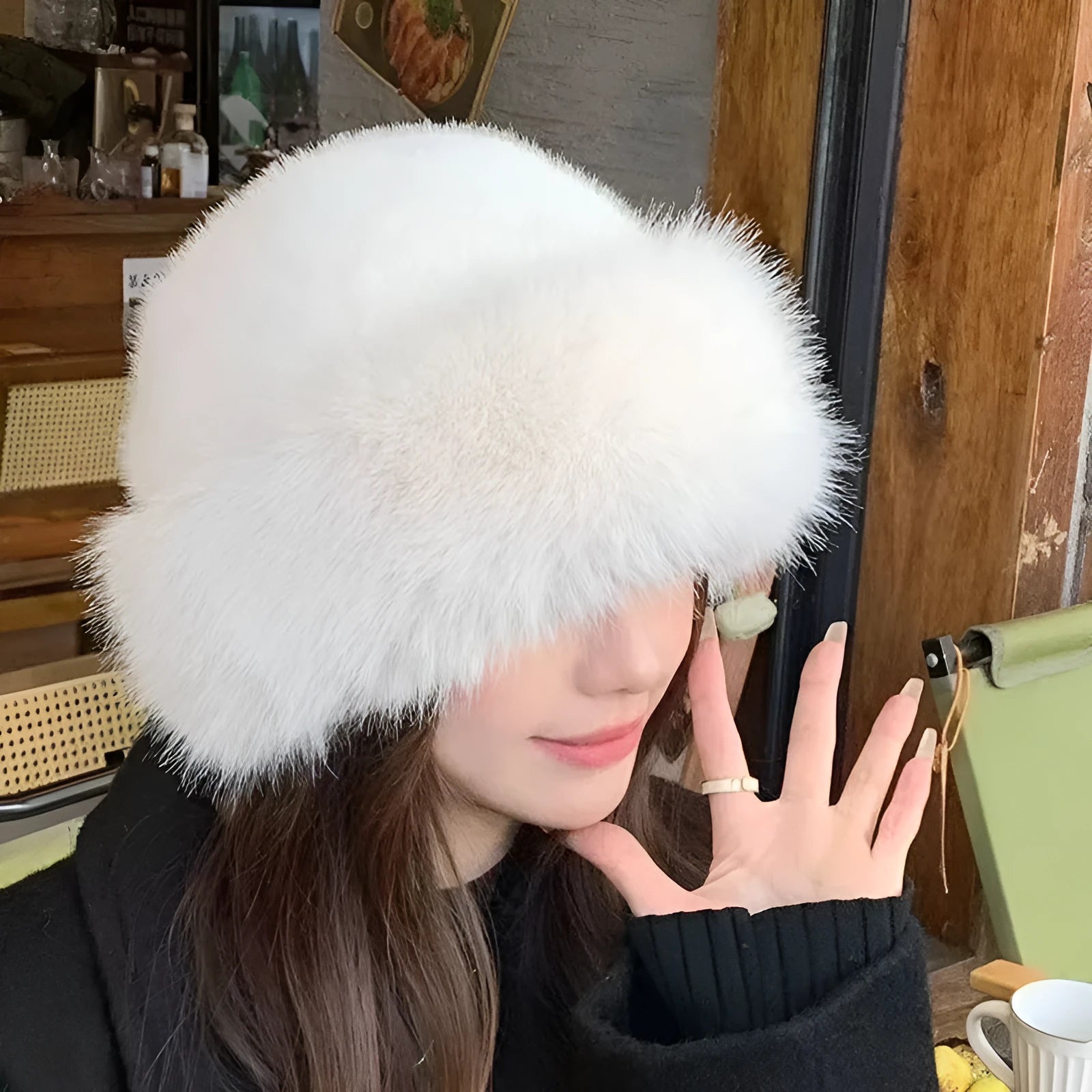 Plush Mongolian hat in faux mink fur, dome style, cold-proof for winter, available in black, brown, milk tea, and milky white