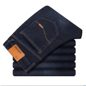 Men's slim straight leg jeans in black cotton denim with mid waist and zip fly, sizes 28-40.