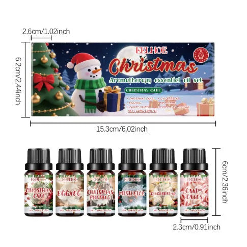Set of six glass bottles of Christmas-themed aromatherapy oil, each containing 60ml of scented liquid.