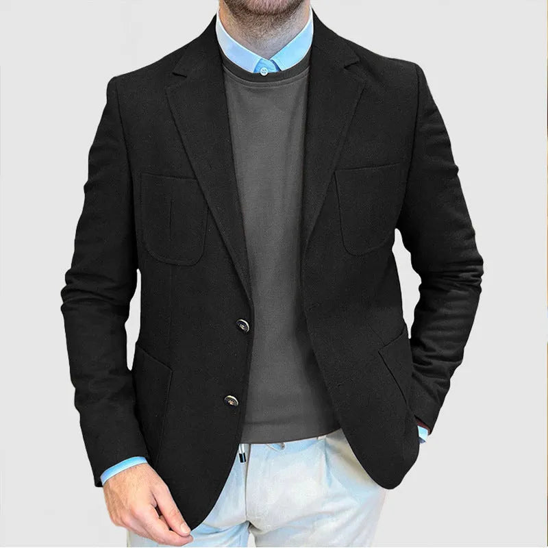 Men's loose-fit cotton suit jacket in a retro style, shown in Army Green colour.