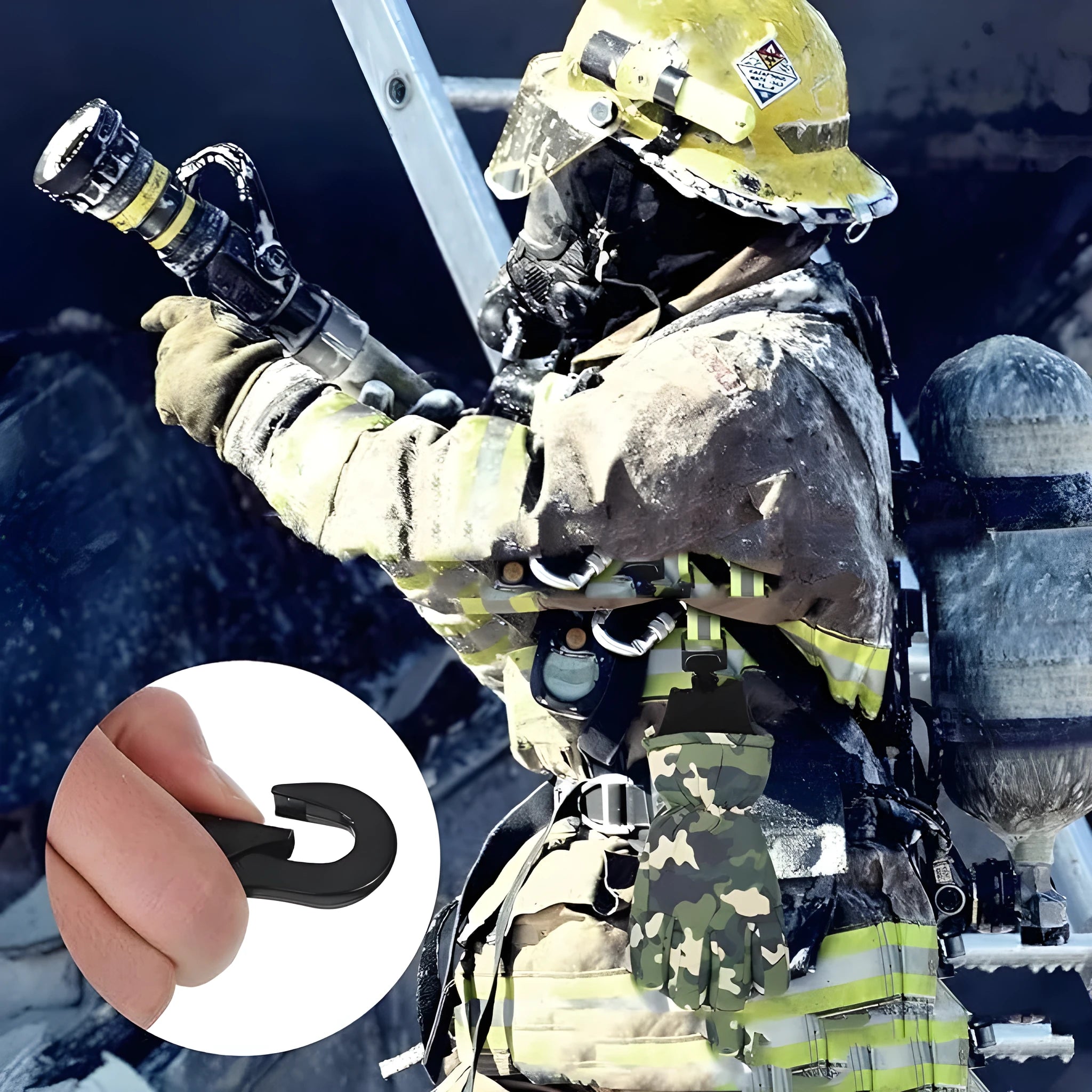 Fluorescent green metal safety clip with reflective nylon lining for securing fireman and work gloves.