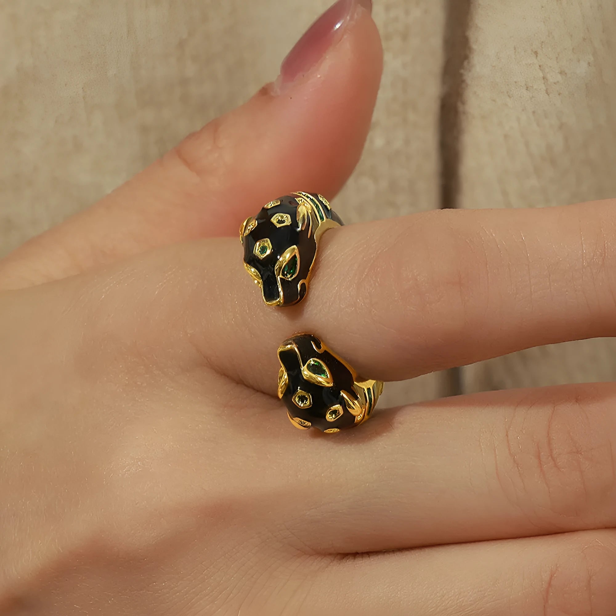 Black cheetah pattern geometric open ring for women, size UK 7, made from electroplated copper.
