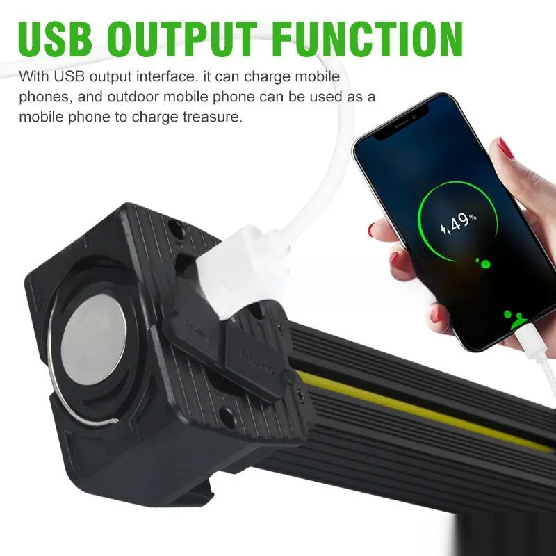 A55 rechargeable COB work light with magnetic base and folding hook for camping and auto repair