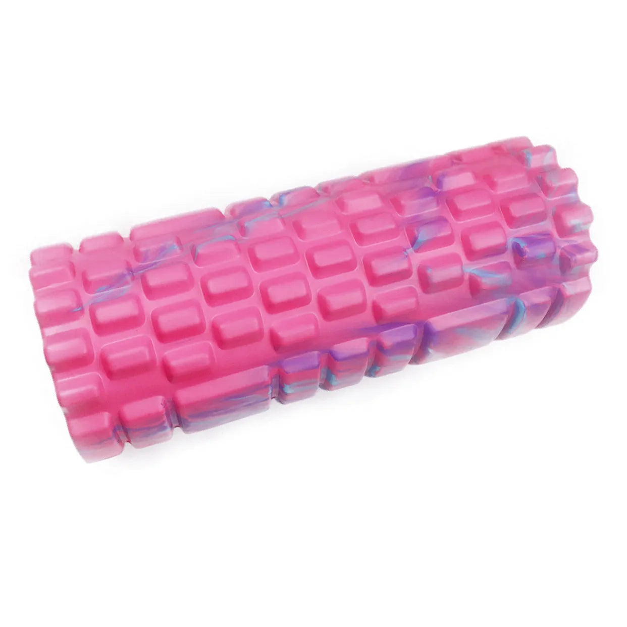 33cm camouflage pattern EVA foam roller in blue green yellow colour on a fitness mat.
