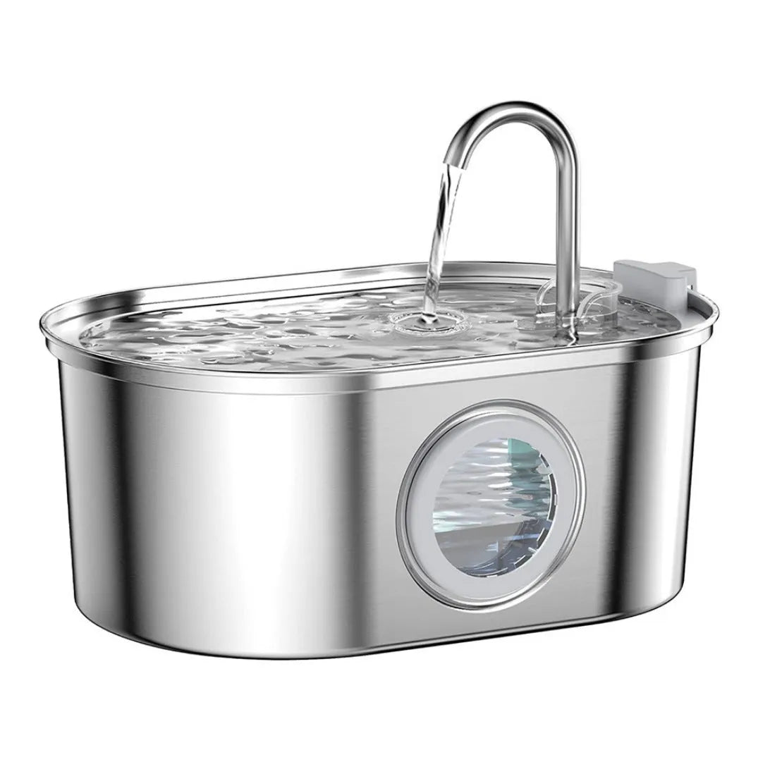 Stainless steel pet water dispenser with round basin and window faucet for dogs and cats.