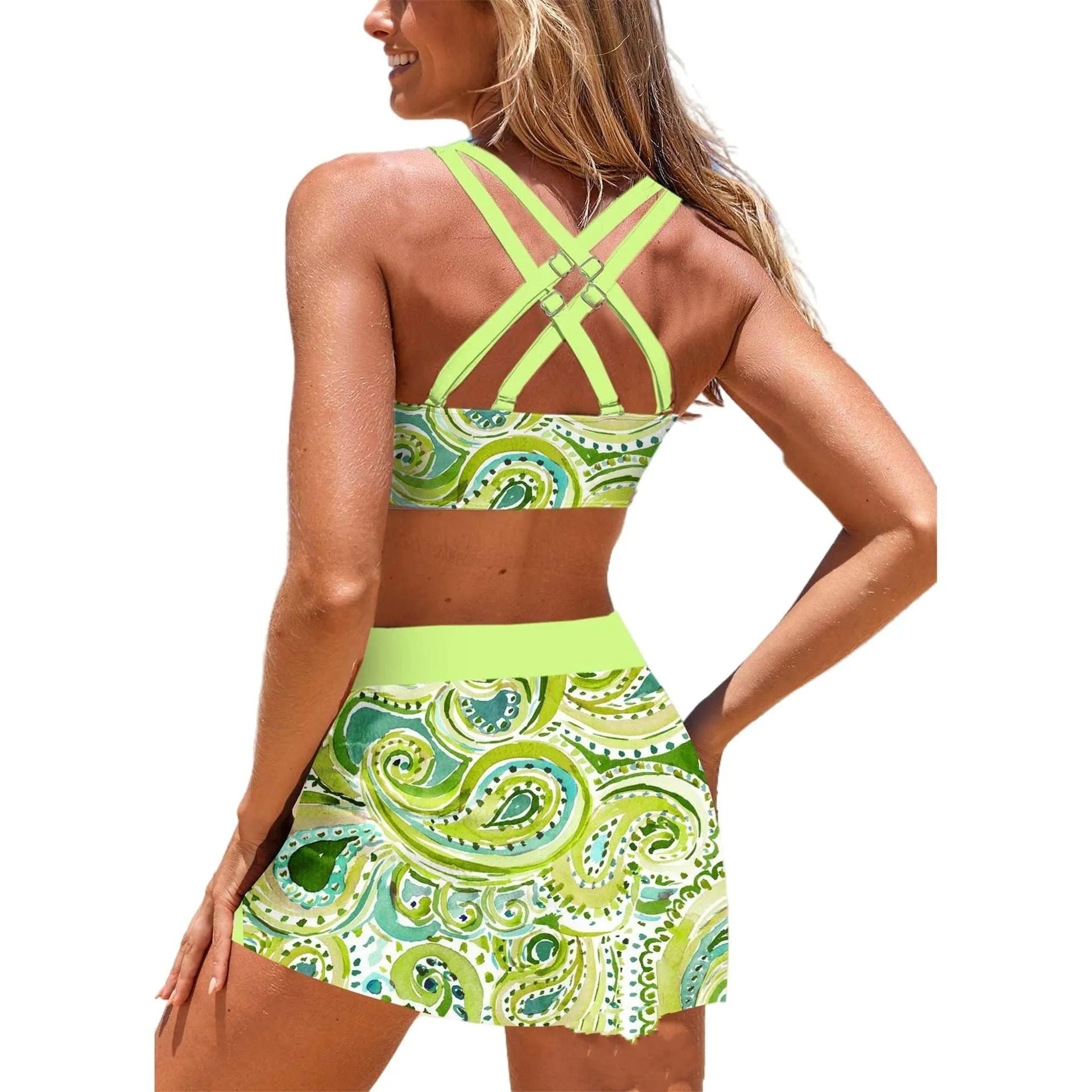 Plus size boxer bottom conservative split swimsuit in polyester, sleeveless, available in multiple colours and sizes S to 5XL