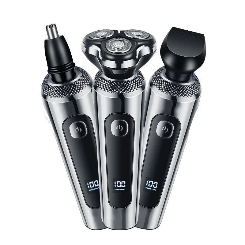 USB rechargeable beard trimmer with digital LED display on a black and silver five-in-one base bracket.
