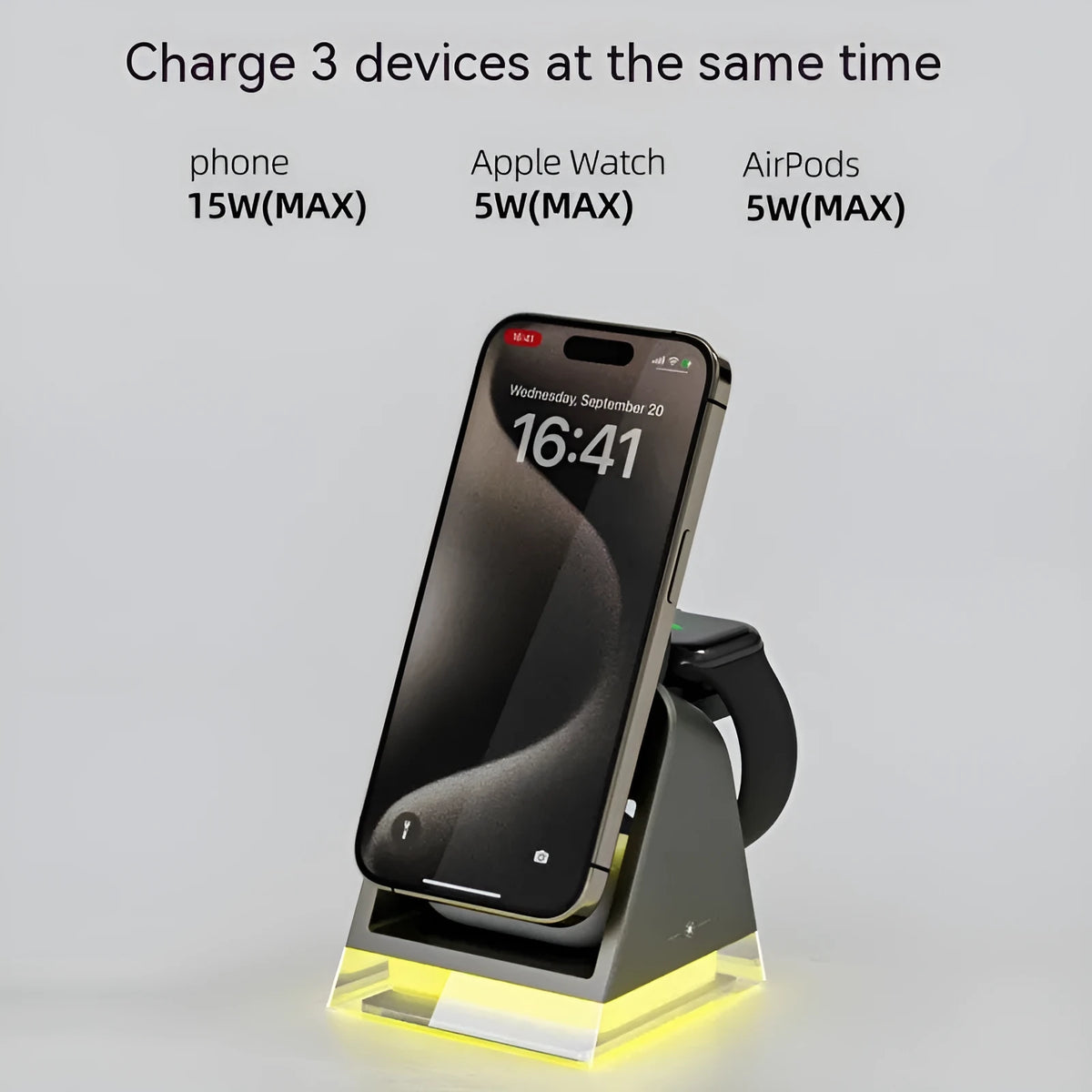 Black 3-in-1 magnetic wireless charger with night lamp, 15W Type-C, 118 x 104 x 78mm