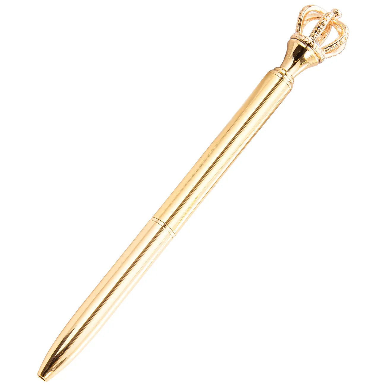 Crown band diamond metal ballpoint pen in gold colour with rotating mechanism on a white background