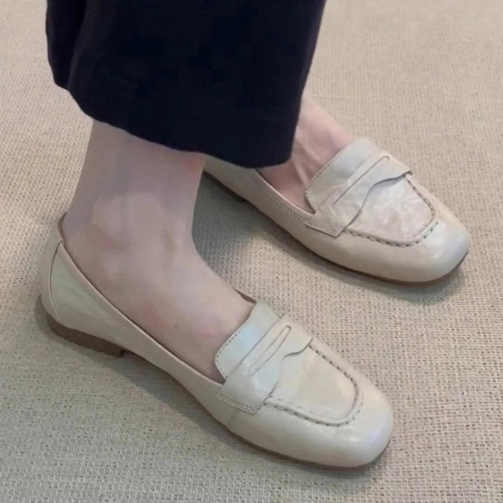 Women's square toe flat leather shoes in beige white with low heel and cowhide lining