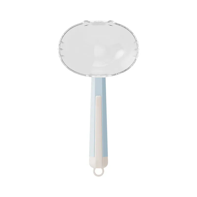 Blue plastic pet food spoon with a white clip attached to a dog food bag.