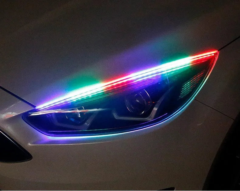 Remote control and RGB colour-changing universal LED daytime running light strip in 30cm, 45cm, 60cm sizes.