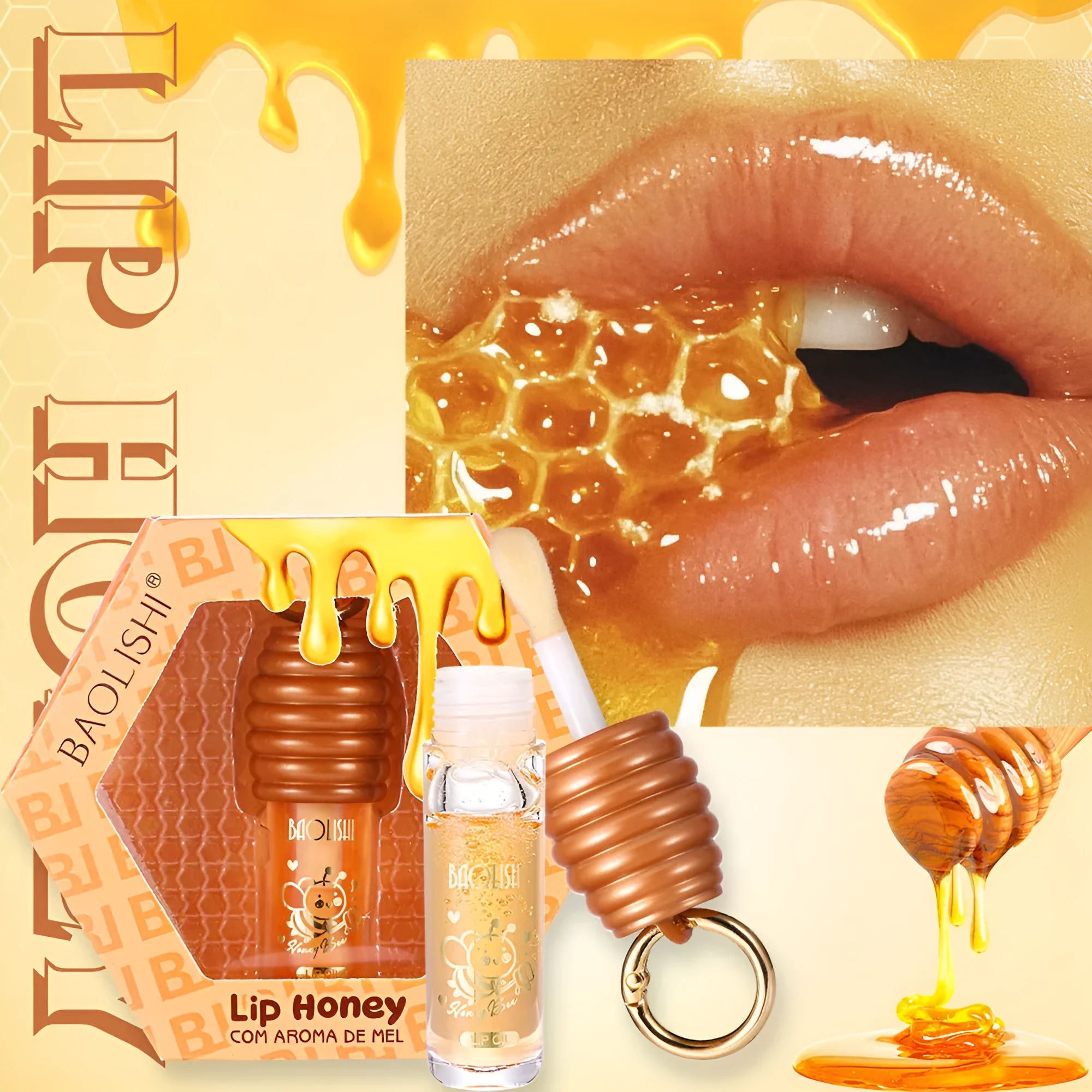 Honey lip gloss attached to a keychain next to a small reusable fabric pannier bag.