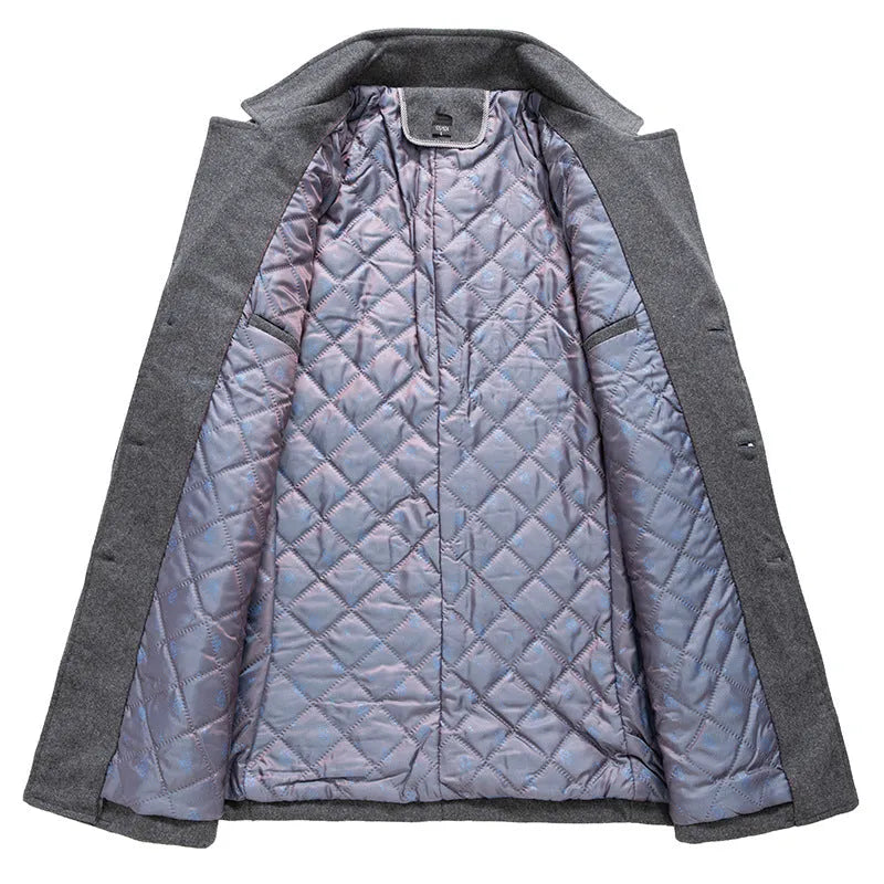Men's loose fit cotton padded coat in camel, side view showing zippered pockets