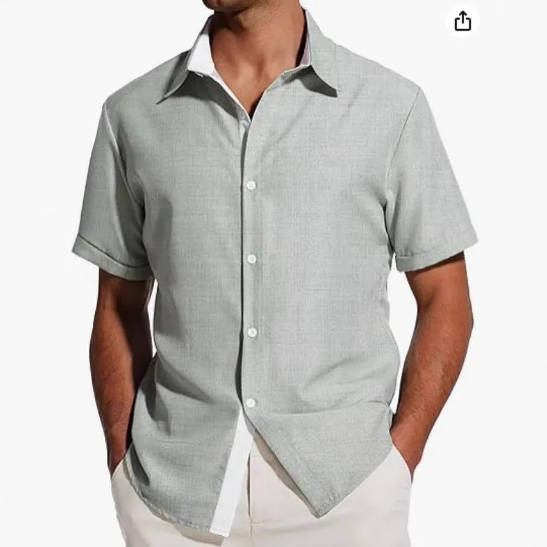 Men's short-sleeved floral print shirt in lightweight polyester fabric on a hanger.
