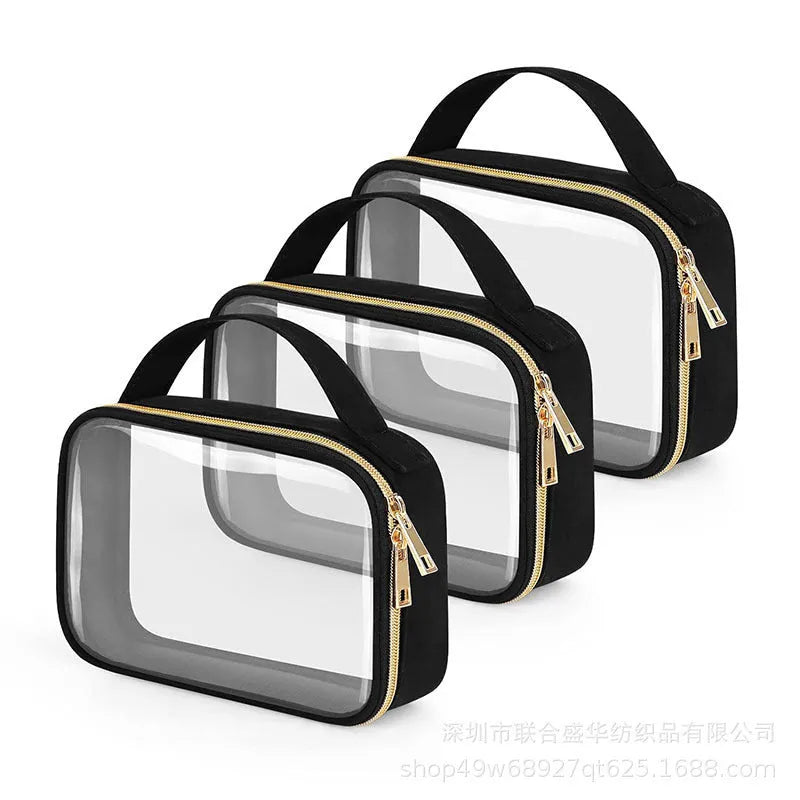 Clear PVC lipstick storage wash bag with detachable chain, shown in multiple colour options.