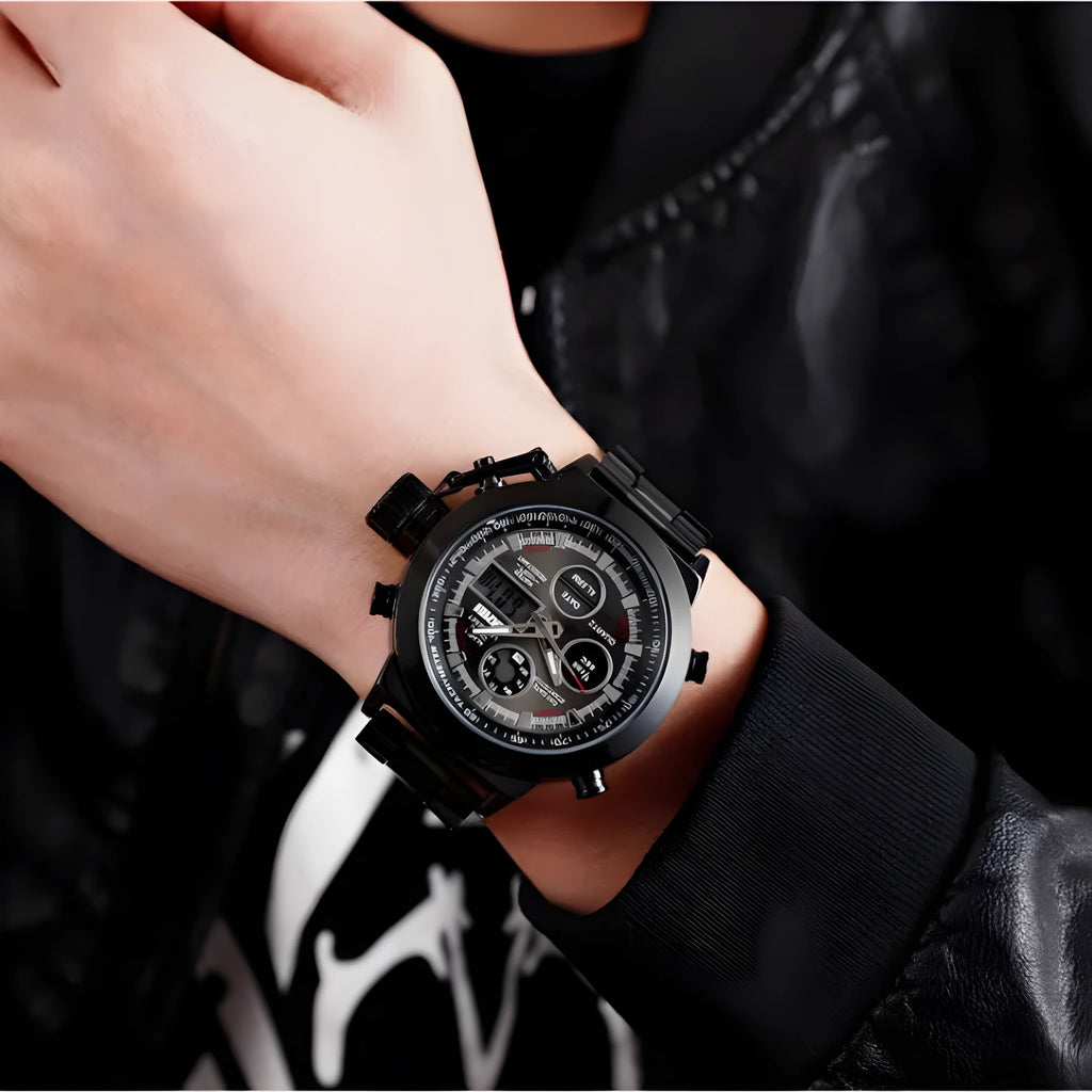 Skmei men's outdoor sports waterproof steel strap wristwatch in black, silver, and rose gold