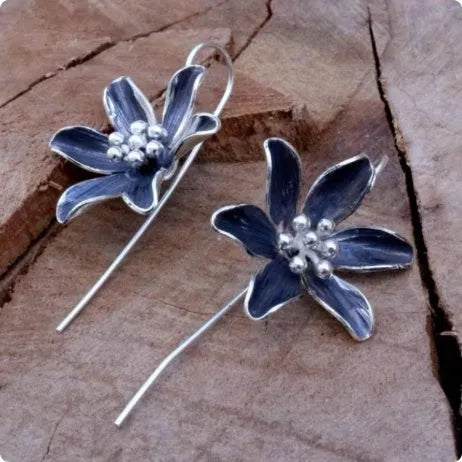 Purple flower-shaped alloy earrings with electroplated finish and retro design for women